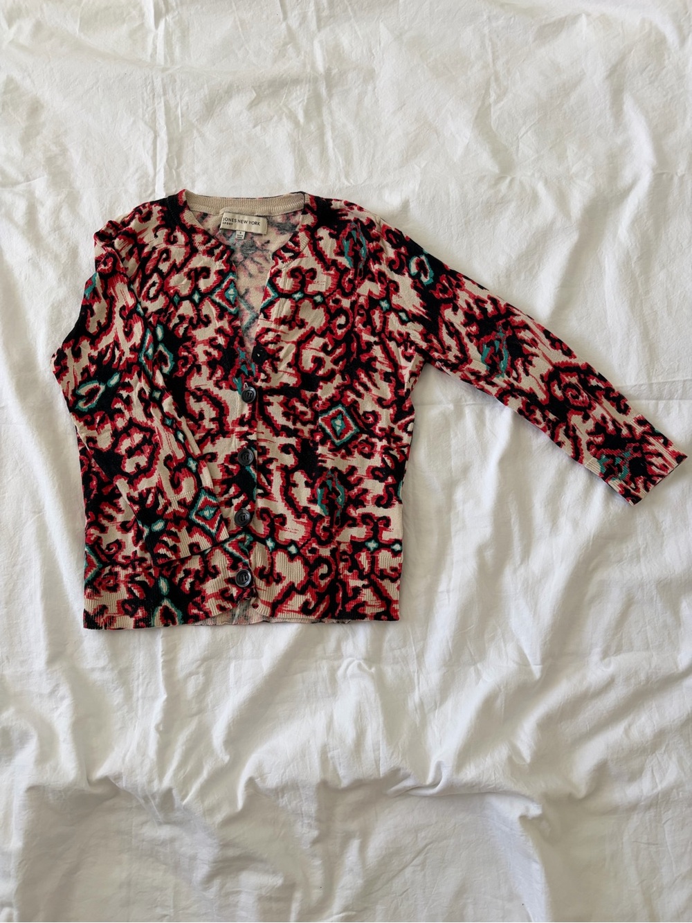 Jones New York Pink, Black & Teal Patterned Button Cardigan